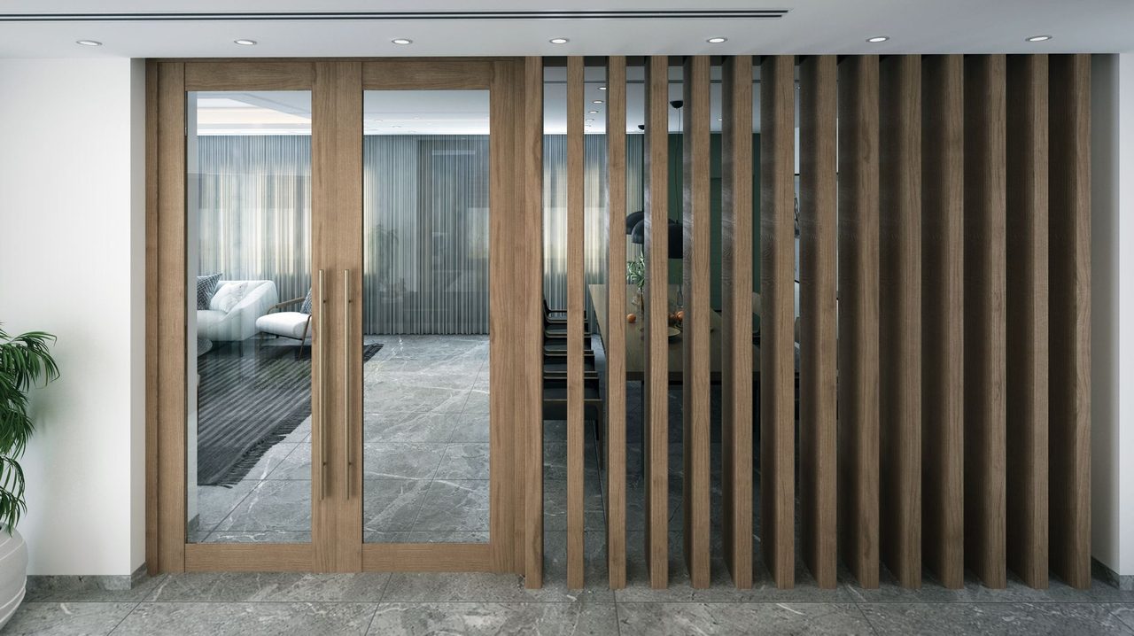 Stylish indoor space featuring a modern glass door with wooden frame and decorative slats.